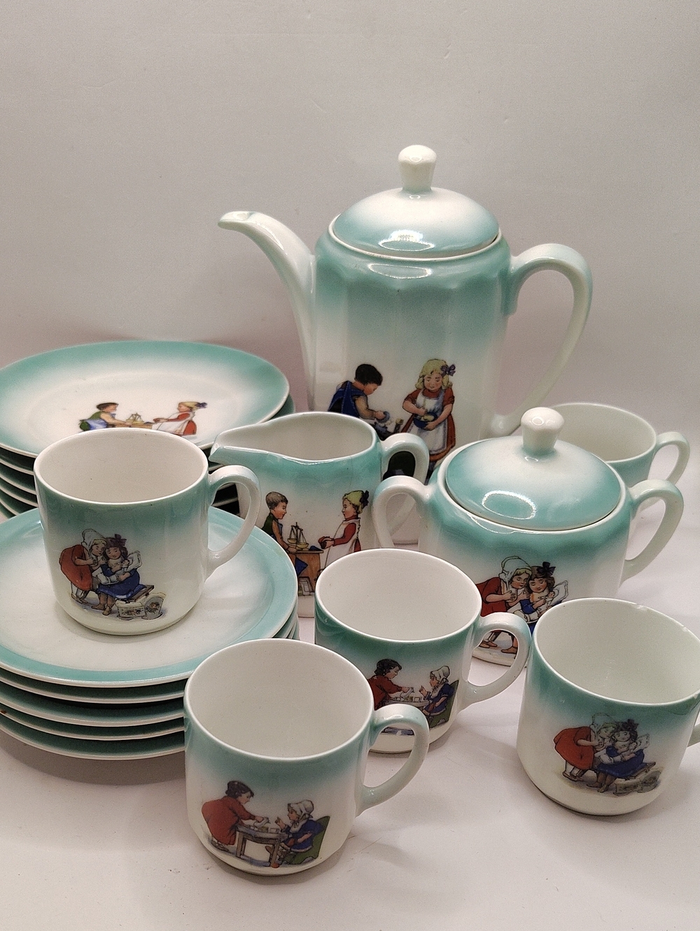 ANTIQUE Porcelain Child's Tea SET NURSERY RHYMES Germany, 21 Pieces